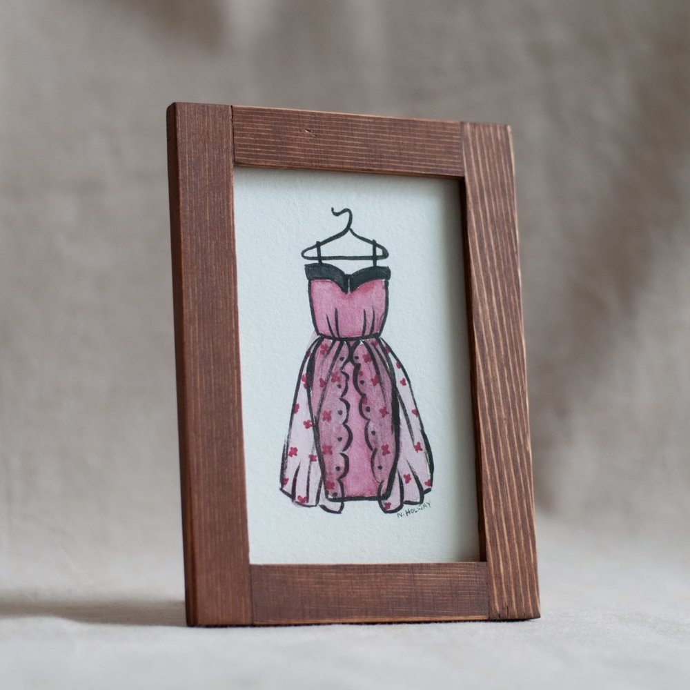 Original "Pink Dress" Illustration, 4x6 with Frame